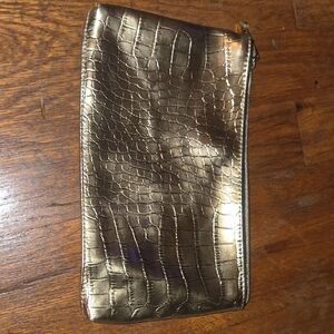 Gold Crocodile-Embossed Cosmetic Bag